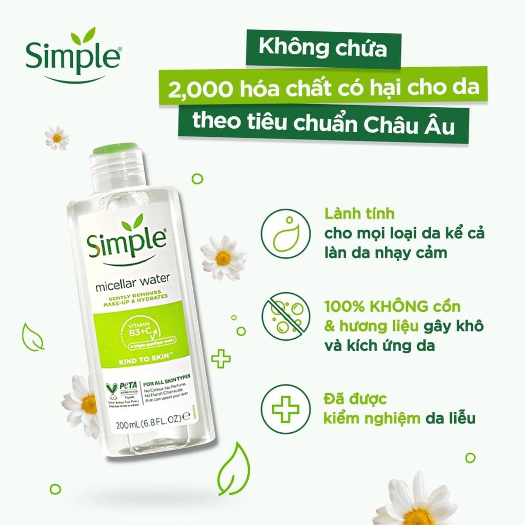 Combo 3 Simple Tẩy trang Micellar 200ml + Sữa Rửa Mặt Ngừa Mụn Xanh Ngọc 150ml + Nước hoa hồng Toner 200ml