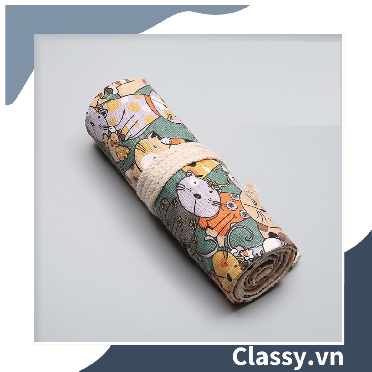 Túi đựng bút dạng cuộn vải cotton, phong cách vintage hình mèo PK617