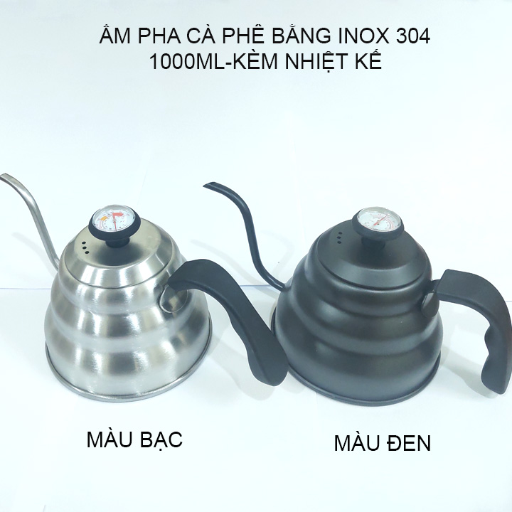 Bình pha cà phê cổ ngỗng loại 1000ml nắp có nhiệt kế, bằng Inox 304 cao cấp