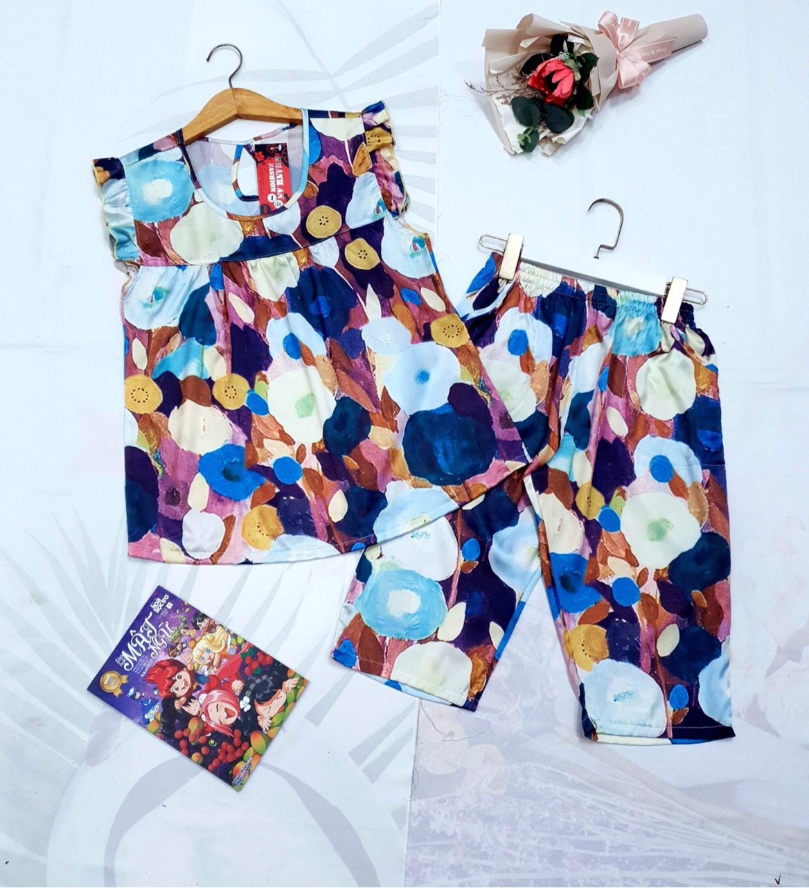[40kg - 80kg] Đồ Bộ Mặc Nhà, Đồ Bộ Nữ Lụa Satin Quần Lửng Tay Cánh Tiên Cao Cấp, Màu 8