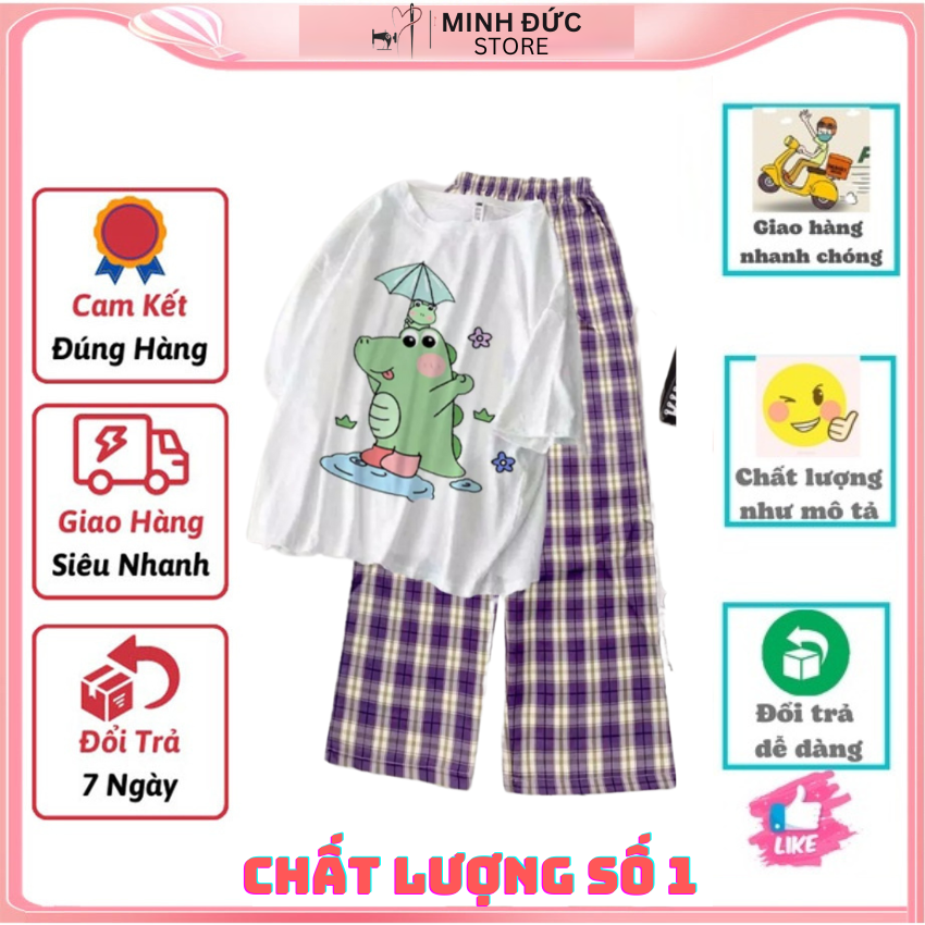 Sét Bộ Nữ SS21, Sét Đồ Nữ Đi Chơi Đẹp In Khủng Long Xanh Cầm Ô