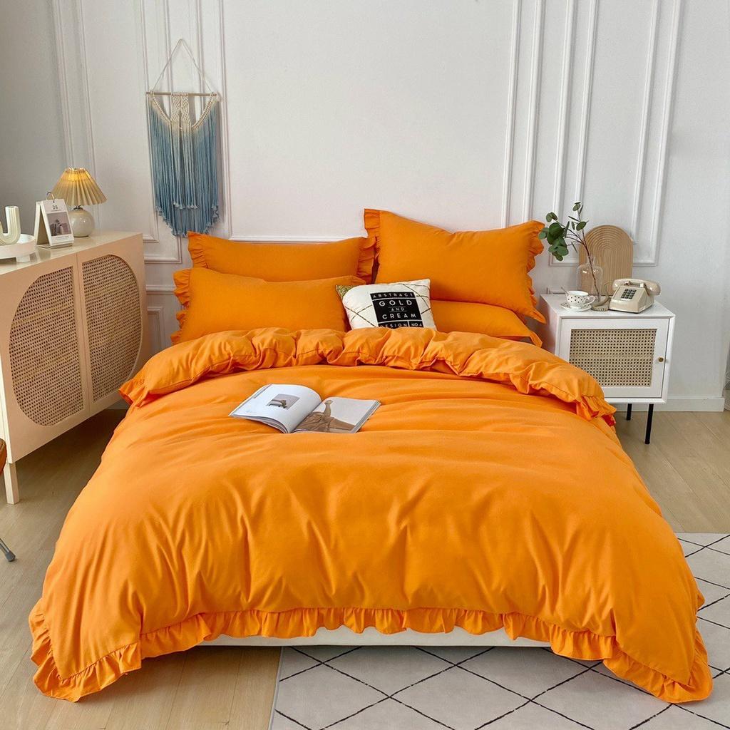 Bộ chăn ga gối riềm bèo cotton tici vải mềm mịn
