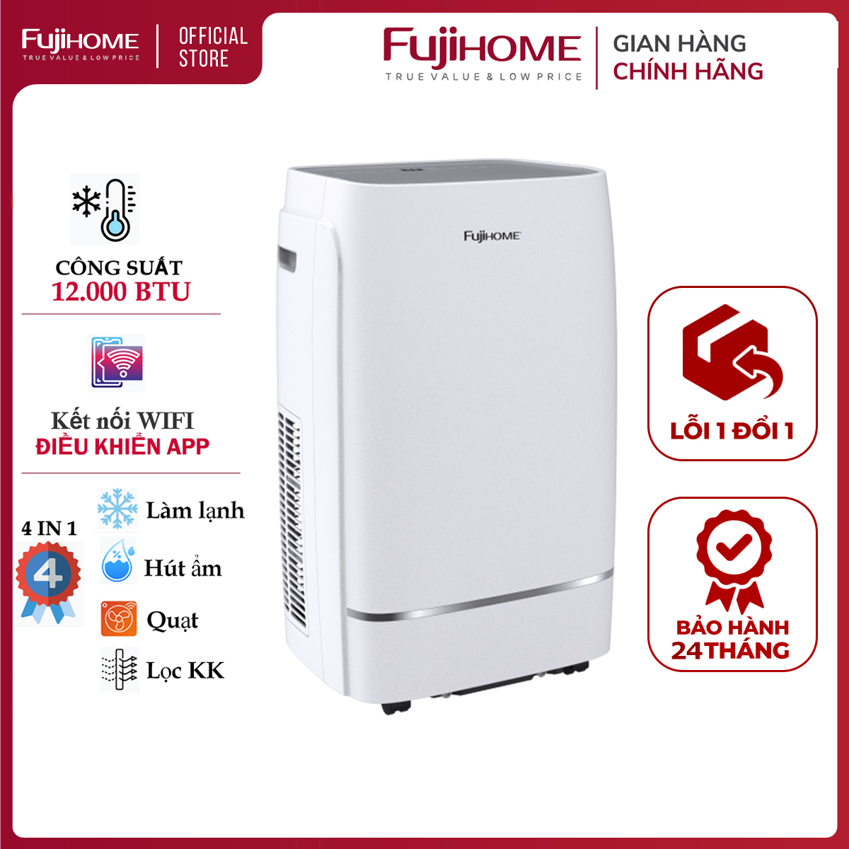 Hình ảnh Máy lạnh di động 12.000 BTU FUJIHOME PAC12, máy lạnh đứng di động mini kết nối Wifi điều khiển qua App, 4 chức năng, làm lanh, hút ẩm, lọc không khí, quạt - Hàng chính hãng