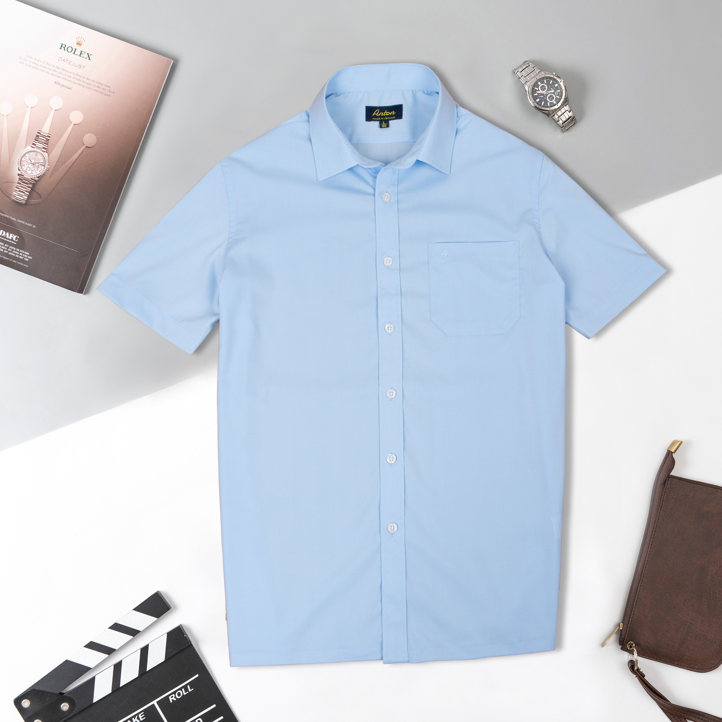 Áo Sơ Mi Nam Công Sở Trung Niên Anton Somianton Xanh Trơn Ngắn Tay Vải Cotton - XSN14