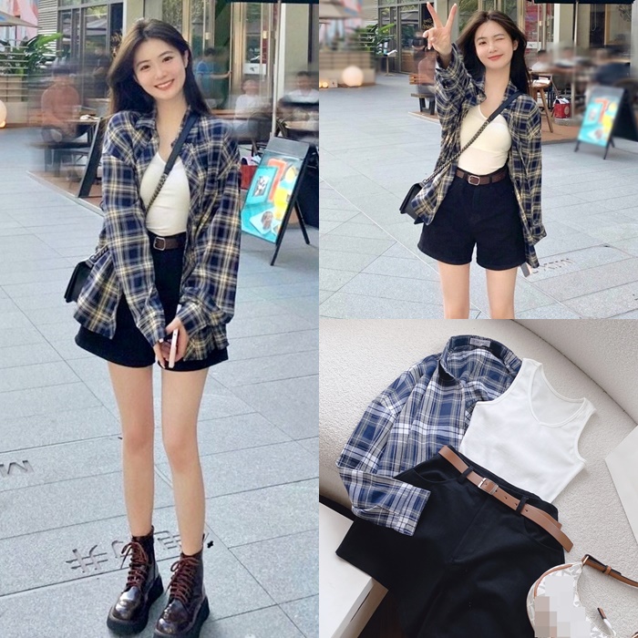 SET ÁO SƠ MI NỮ CARO RỘNG + QUẦN NGẮN SHORTS LƯNG CAO ỐNG RỘNG + ÁO THUN DÂY TRƠN ĐI BIỂN DẠO PHỐ ĐI HỌC ĐI CHƠI CÔNG SỞ