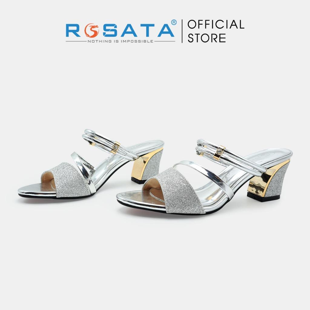 Giày sandal cao gót nữ ROSATA RO539 xỏ ngón mũi tròn quai ngang kim tuyến gót vuông cao 5cm xuất xứ Việt Nam - Gold, Gold