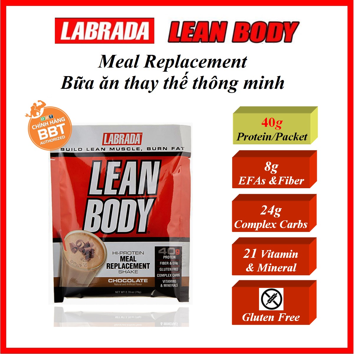 Labrada Lean Body - Gói thay thế bữa ăn tiện lợi, bổ sung Protein hoàn chỉnh, Multivitamin, chất béo cần thiết, chất xơ