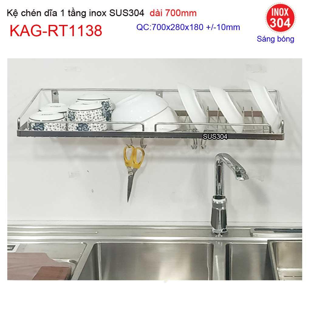 Kệ đựng chén bát inox 304, kệ úp chén dĩa 1 tầng inox dài 70cm KAG-RT1138