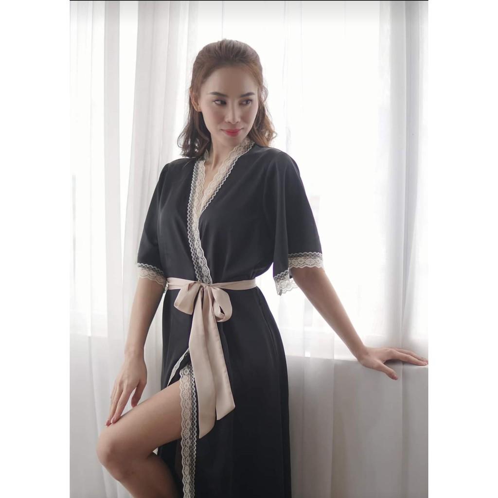 Áo choàng ngủ lụa mặc nhà phối ren dáng dài kèm đai áo tặng kèm chip ren gợi cảm xinh xắn -Đủ màu freesize dưới 70kg