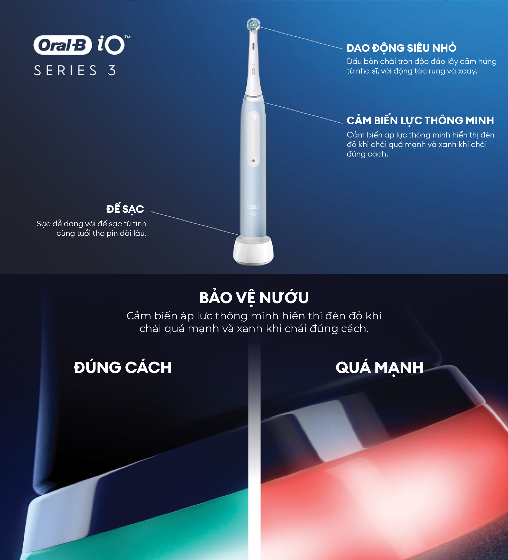 Bàn chải đánh răng điện Oral-B iO3, 3 chế độ, đèn cảnh báo cảm ứng lực - Bảo hành 2 năm 1 đổi 1