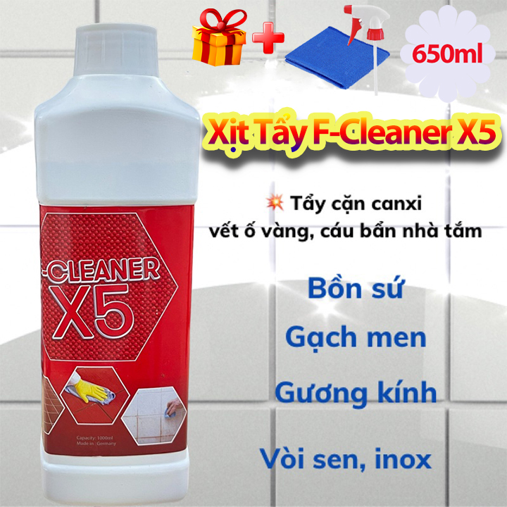 Nước Tẩy Trắng Vệ Sinh Sàn Nhà Dạng Xịt F-Cleaner X5 650ml Làm Sạch Bề Mặt Sàn Đá Hóa, Đường Chỉ Gạch + Tặng Khăn Lau