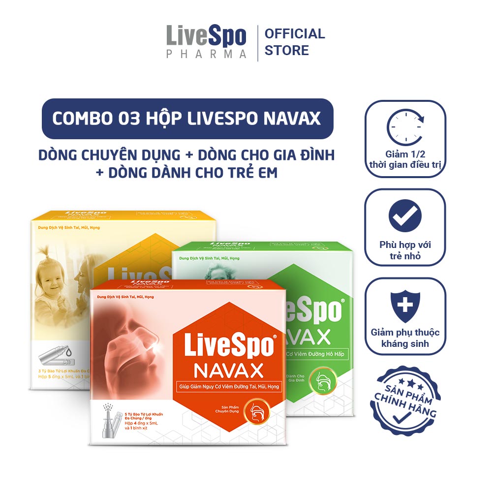 Combo 03 nước muối sinh lý bào tử lợi khuẩn LiveSpo Navax Family - Dành cho gia đình - Dành cho trẻ sơ sinh và trẻ em và chuyên dụng - vệ sinh, phòng ngừa viêm nhiễm tai mũi họng