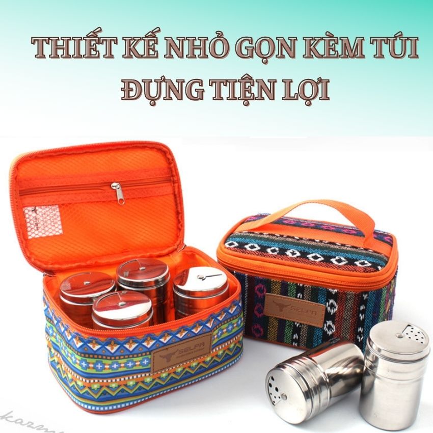 Hộp Đựng Gia Vị inox 6 Lọ Gia Vị Dụng Cụ Nhà Bếp Kèm Túi Đựng Tiện Mang Đi Cắm Trại Du Lịch Ngoài Trời VIEORO-18