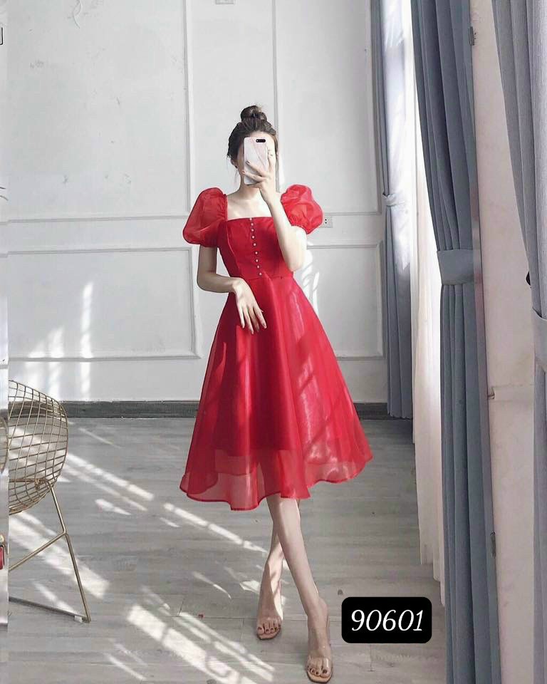 Váy đầm xòe công chúa cổ vuông có mút ngực duyên dáng sang trọng