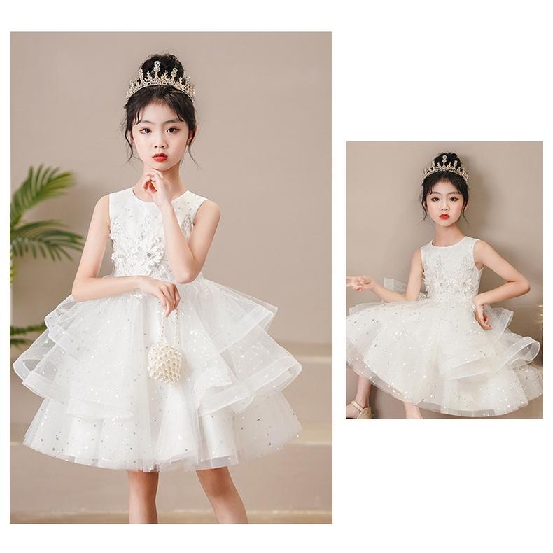 Đầm voan công chúa màu trắng tay phồng cho bé gái múa hóa trang dự tiệc từ 12-35kg hàng Quảng Châu cao cấp