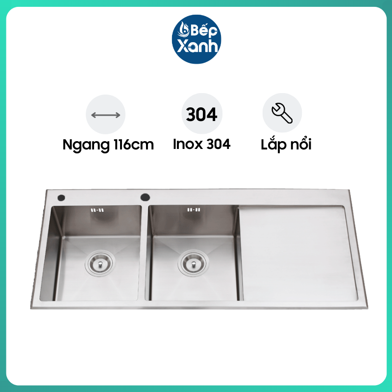 Chậu Rửa Chén Ecalite ESD-11650HS - Lắp Nổi - Chất Liệu Inox 304 Siêu Bền - 2 Ngăn Có Bàn Chờ - Hàng Chính Hãng