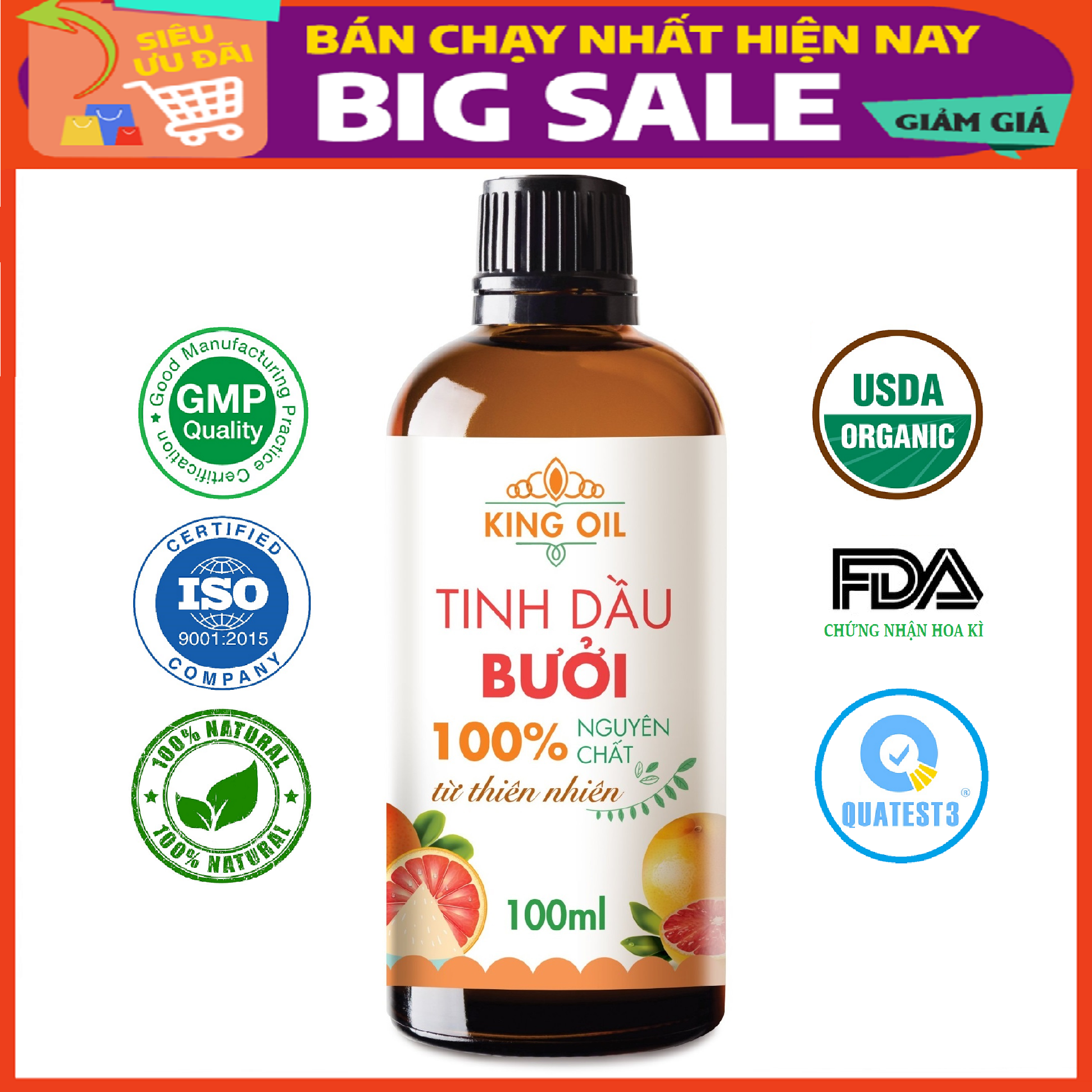 Tinh dầu Bưởi 100ml nguyên chất từ vỏ bưởi thiên nhiên - KingOil