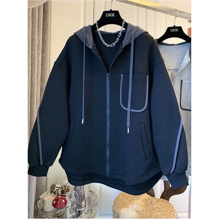 Áo Khoác Nỉ Bóng Unisex Túi Trước Mũ Phối Màu Dáng Thụng Màu Đen Basic