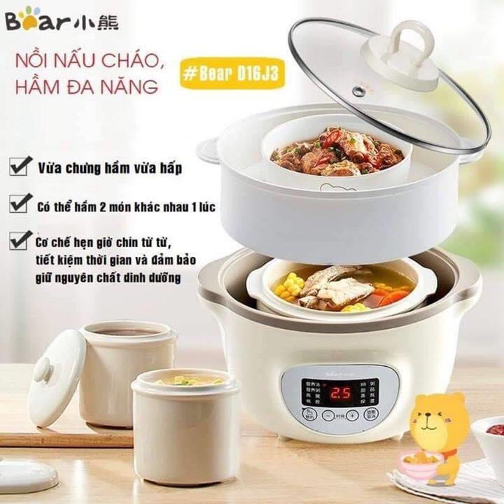 [Tặng Lồng Hấp] Nồi nấu cháo chậm, chưng yến, ninh hầm cách thủy Bear 1.6L