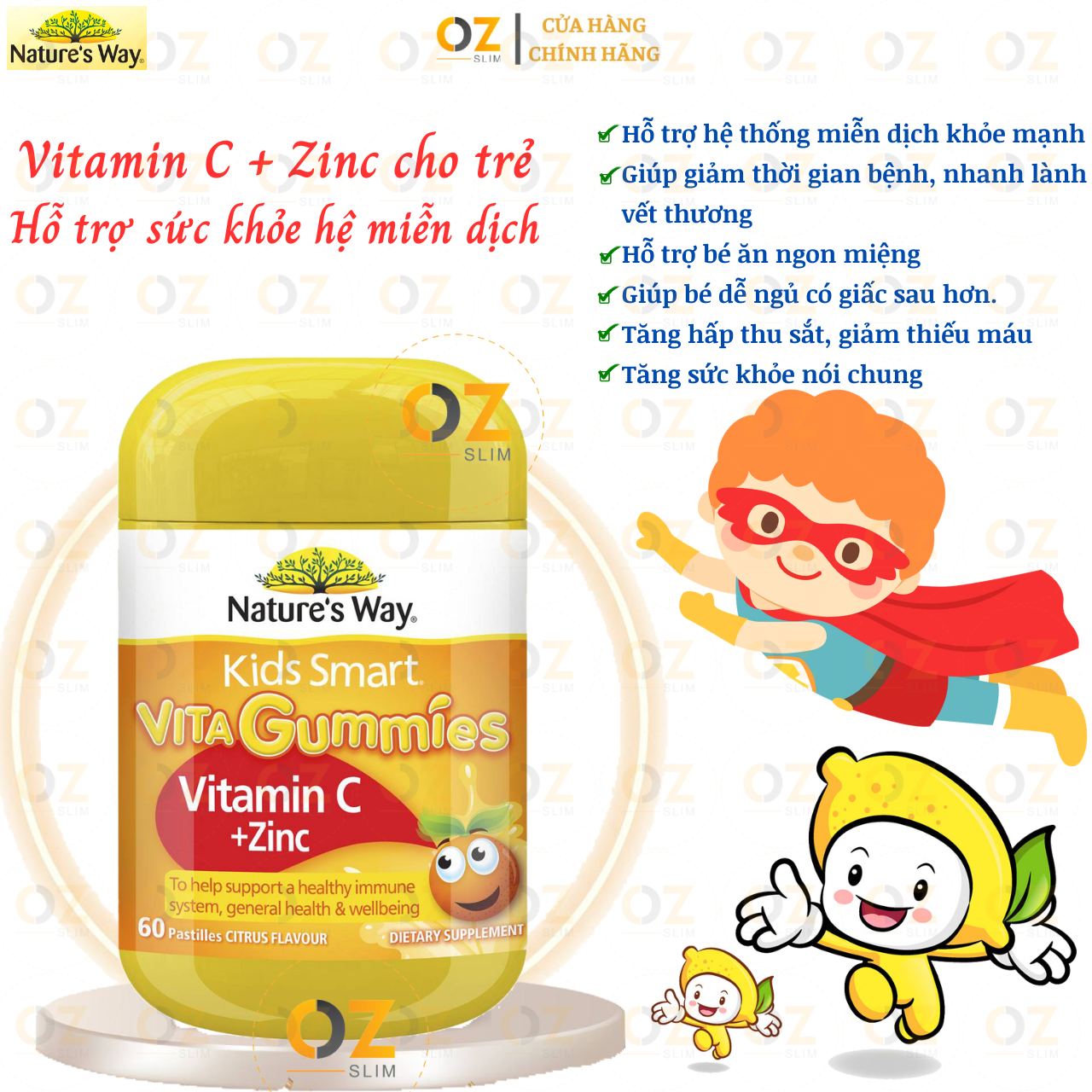 Hỗ trợ sức khỏe hệ miễn dịch cho trẻ Nature's Way Vita Gummies Vitamin C + Zinc tăng sức đề kháng, nhanh lành bệnh, hỗ trợ ăn ngon - OZ Slim Store