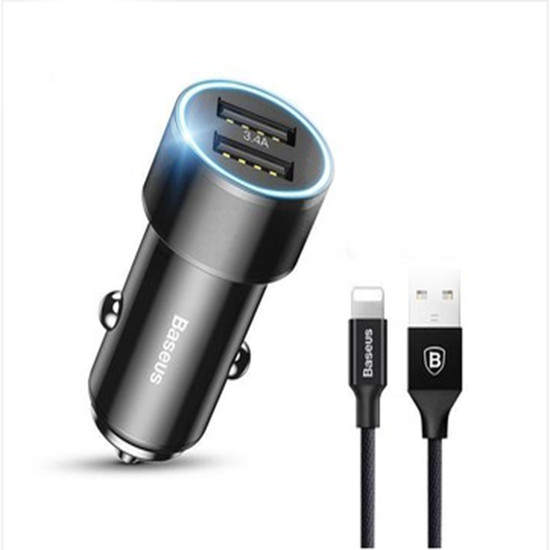 Tẩu Sạc Ô Tô Baseus 3.4A 2 Cổng USB  Kèm Dây Sạc Lightning - Hàng Chính Hãng