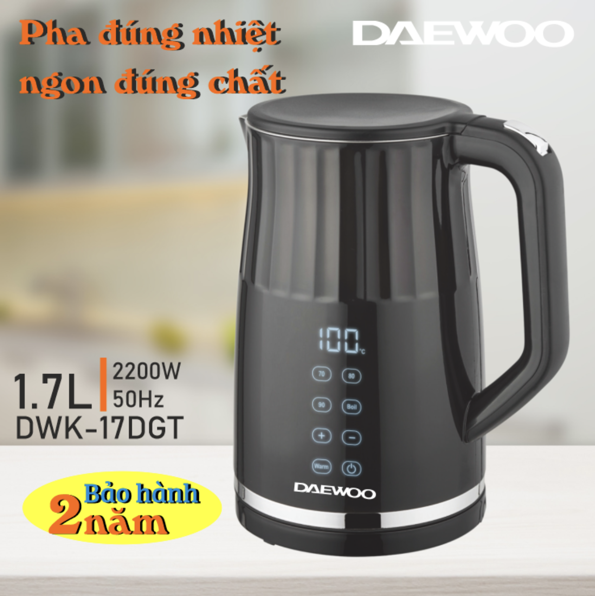 Ấm đun siêu tốc Daewoo 1.7L DWK-17DGT Hàng Chính Hãng điều khiển cảm ứng, chỉnh nhiều mức nhiệt, bảo hành 2 năm