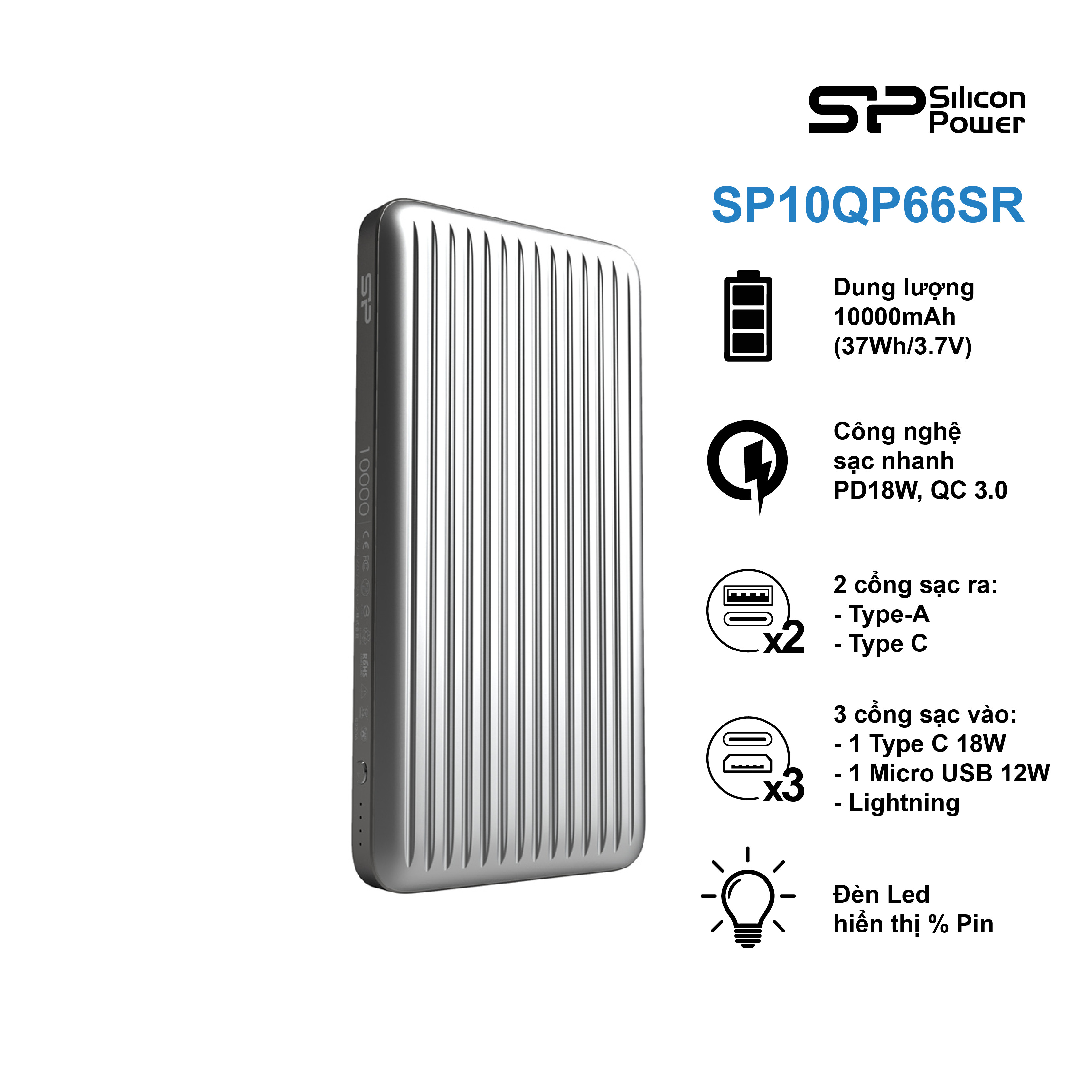 Pin sạc dự phòng Silicon Power QP66 10.000mAh, hỗ trợ sạc nhanh PD18W, QC 3.0, thiết kế nhôm nguyên khối - Hàng chính hãng