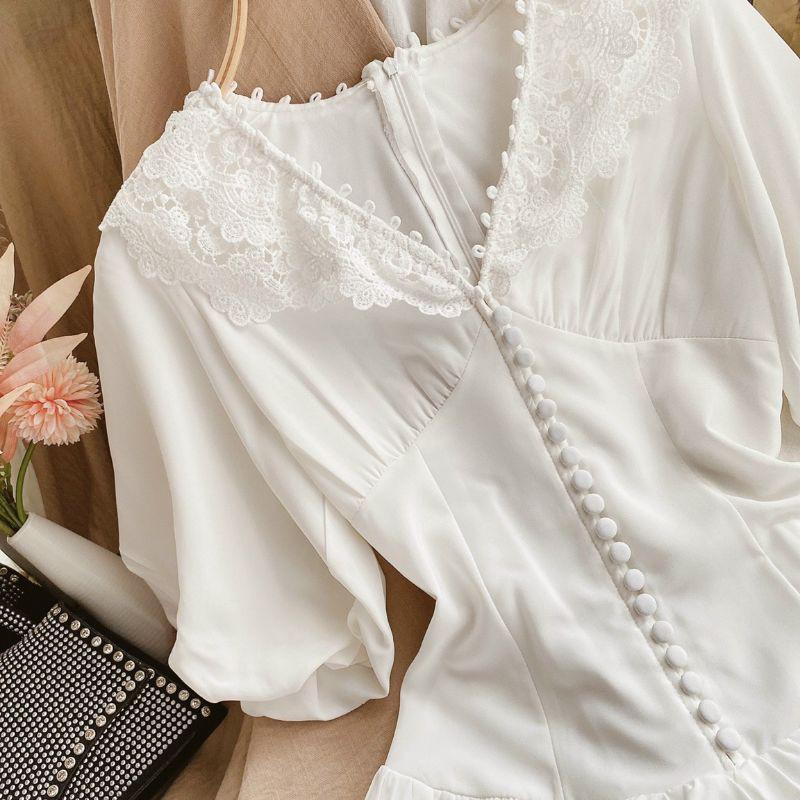 Đầm trắng cổ V viền bèo ren tay phồng
