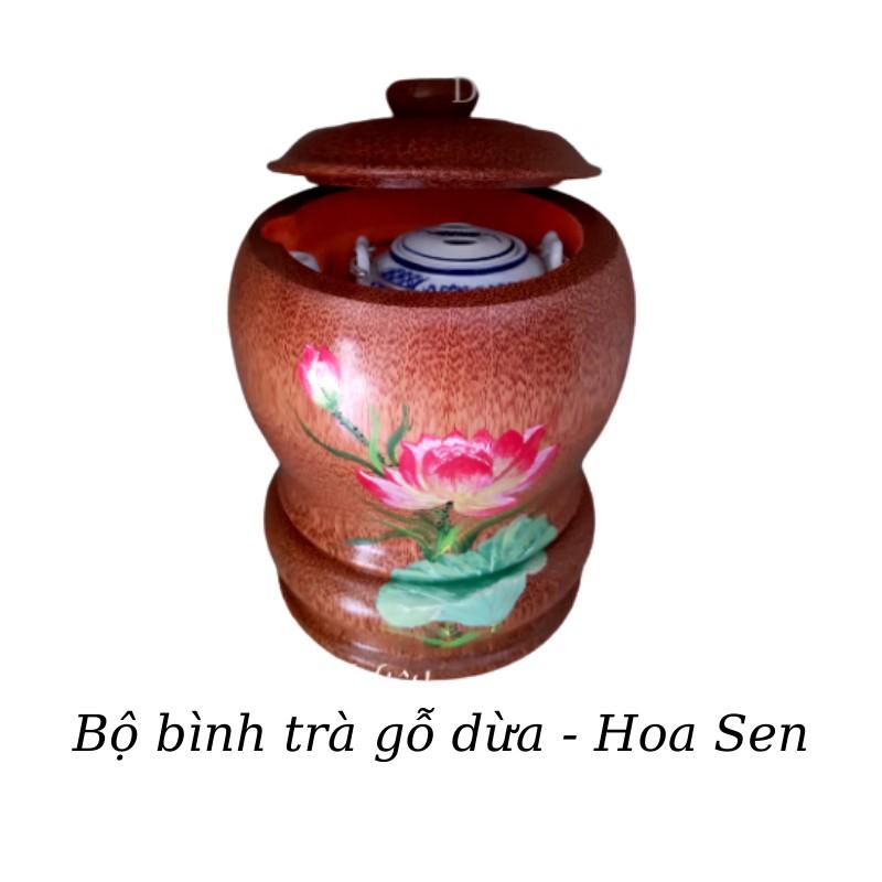Bộ Bình Trà Gỗ Dừa Có Chân Sang Trọng Hoa Văn "Hoa Sen" - Bình Trà 700 - 1200ml