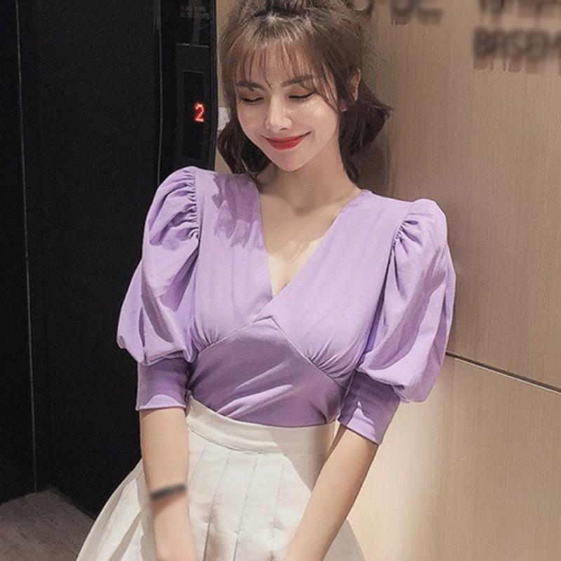 Áo Sơ Mi Tay Ngắn Cổ Chữ V Màu Trơn Thời Trang Dành Cho Nữ