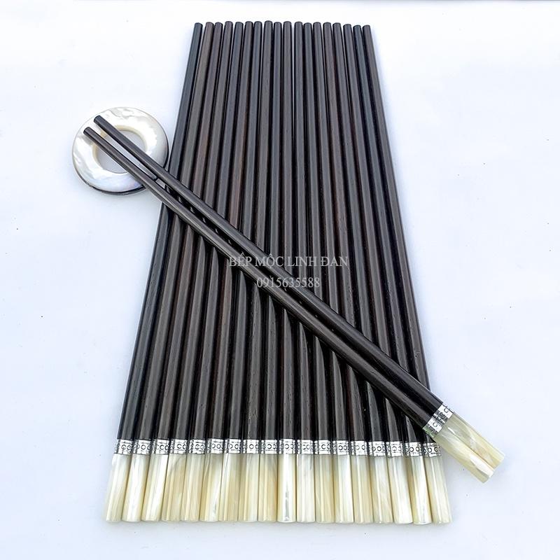 Đũa Cao Cấp Gỗ Trắc Đầu Ốc Biển Đai Bạc HAHANCO Bộ 10 Đôi Tròn