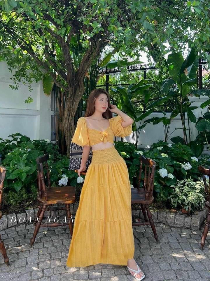 Đầm Maxi Nhúng Phối Áo Nơ