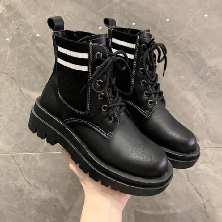 Freeship Giày bốt cổ thấp Martin cho nữ, boots cổ thấp có dây màu đen cổ tròn phối len