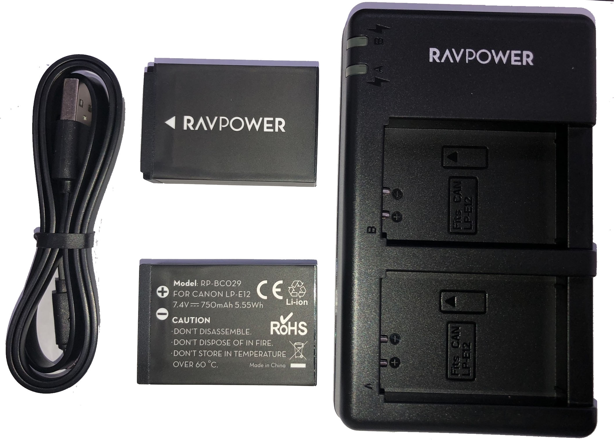 Bộ 2 Pin + Sạc Đôi RAVPower RP-BC029 Canon LP-E12 Cho Canon EOS M10, EOS M6, EOS M50, EOS M100, EOS M200, EOS 100D, EOS 200D, EOS 250D