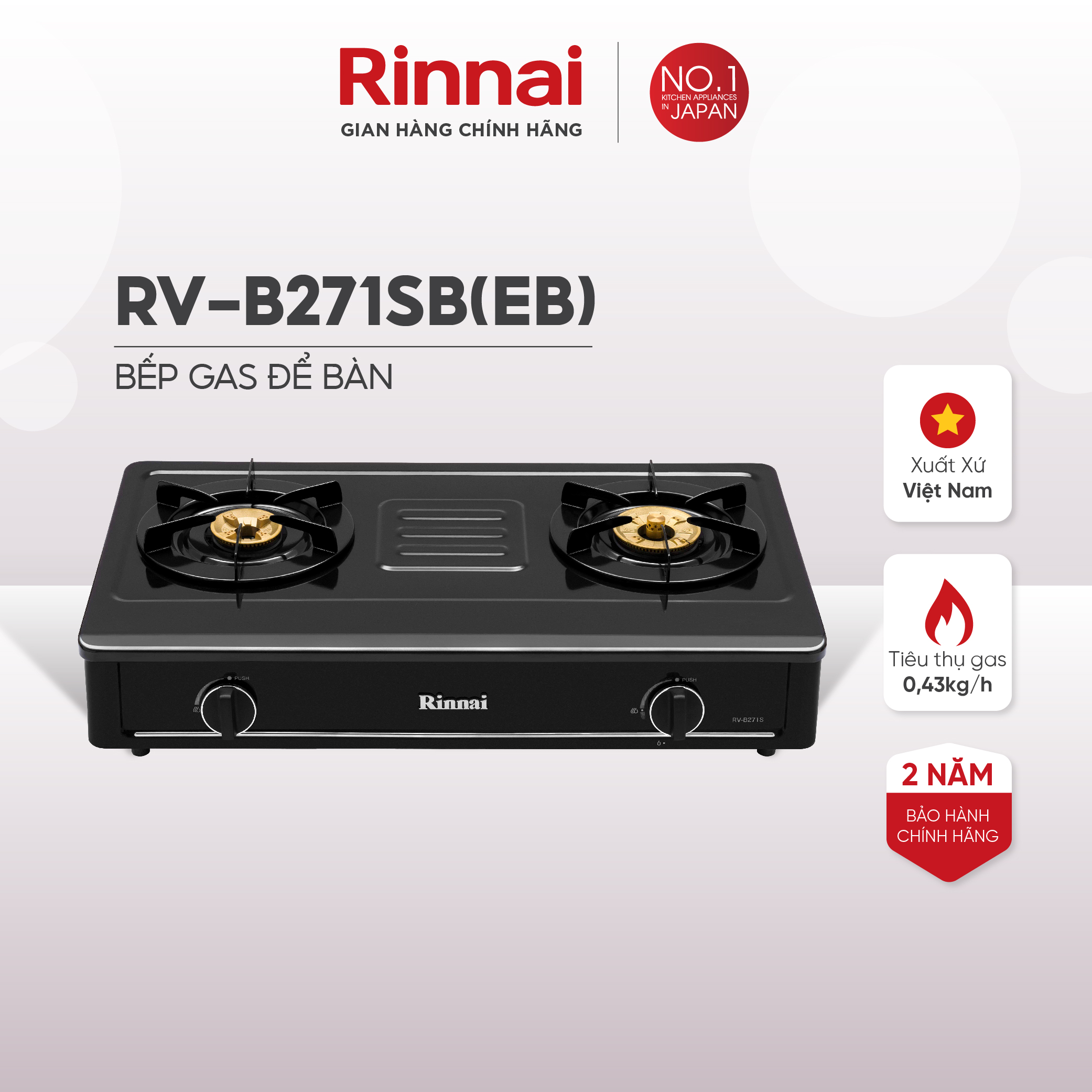 Bếp gas dương Rinnai RV-B271SB(EB) mặt bếp men và kiềng bếp men - Hàng chính hãng.