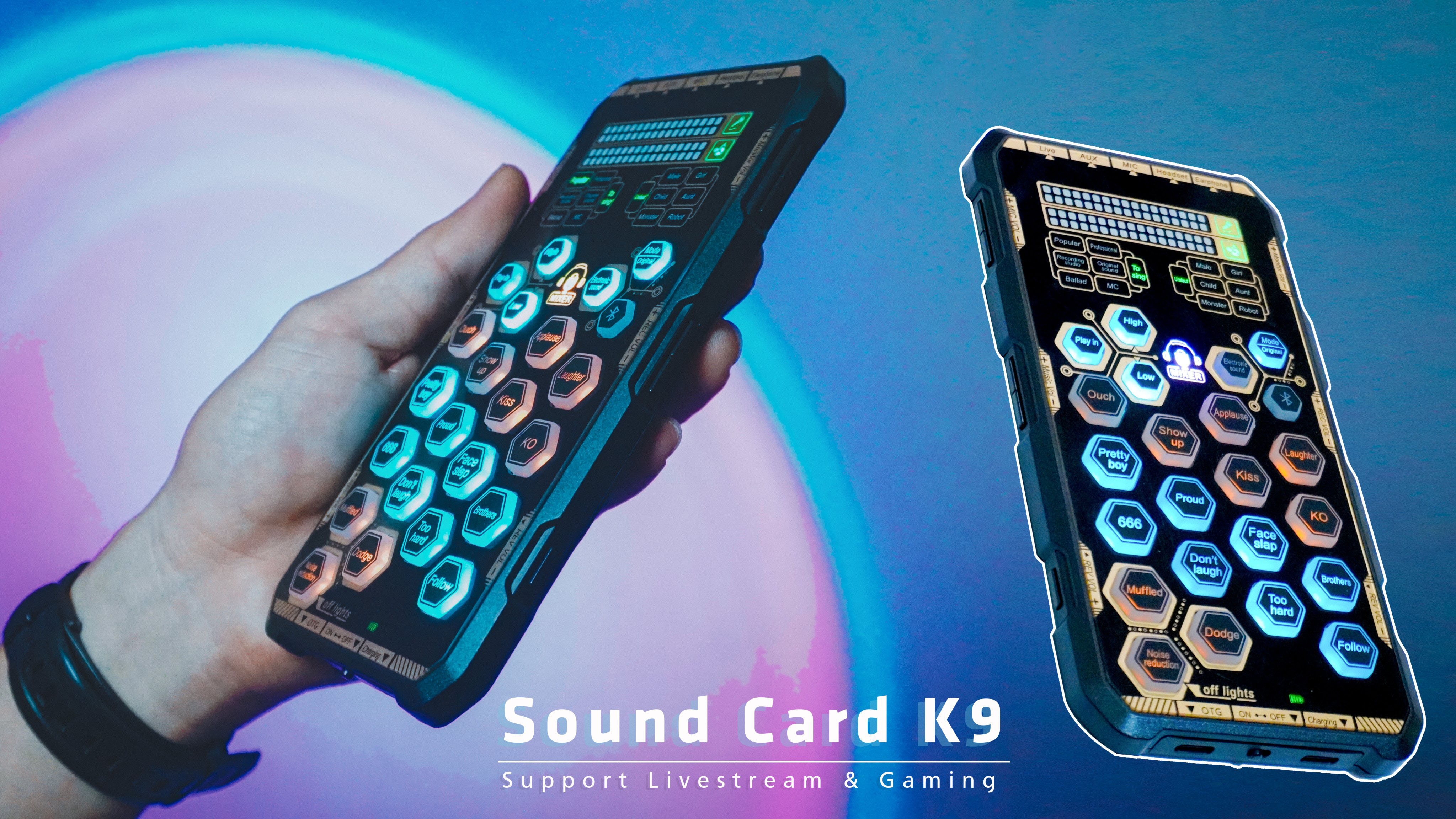 Sound card K9 mobile - Chơi game, thu âm, livestream, karaoke online, pk chỉ cần thêm tai nghe - Hỗ trợ auto tune đổi giọng, hiệu ứng vui nhộn - Bluetooth 5.0, giảm tiếng ồn, trang bị pin sạc - Kết nối dễ dàng với smartphone, máy tính, tablet...