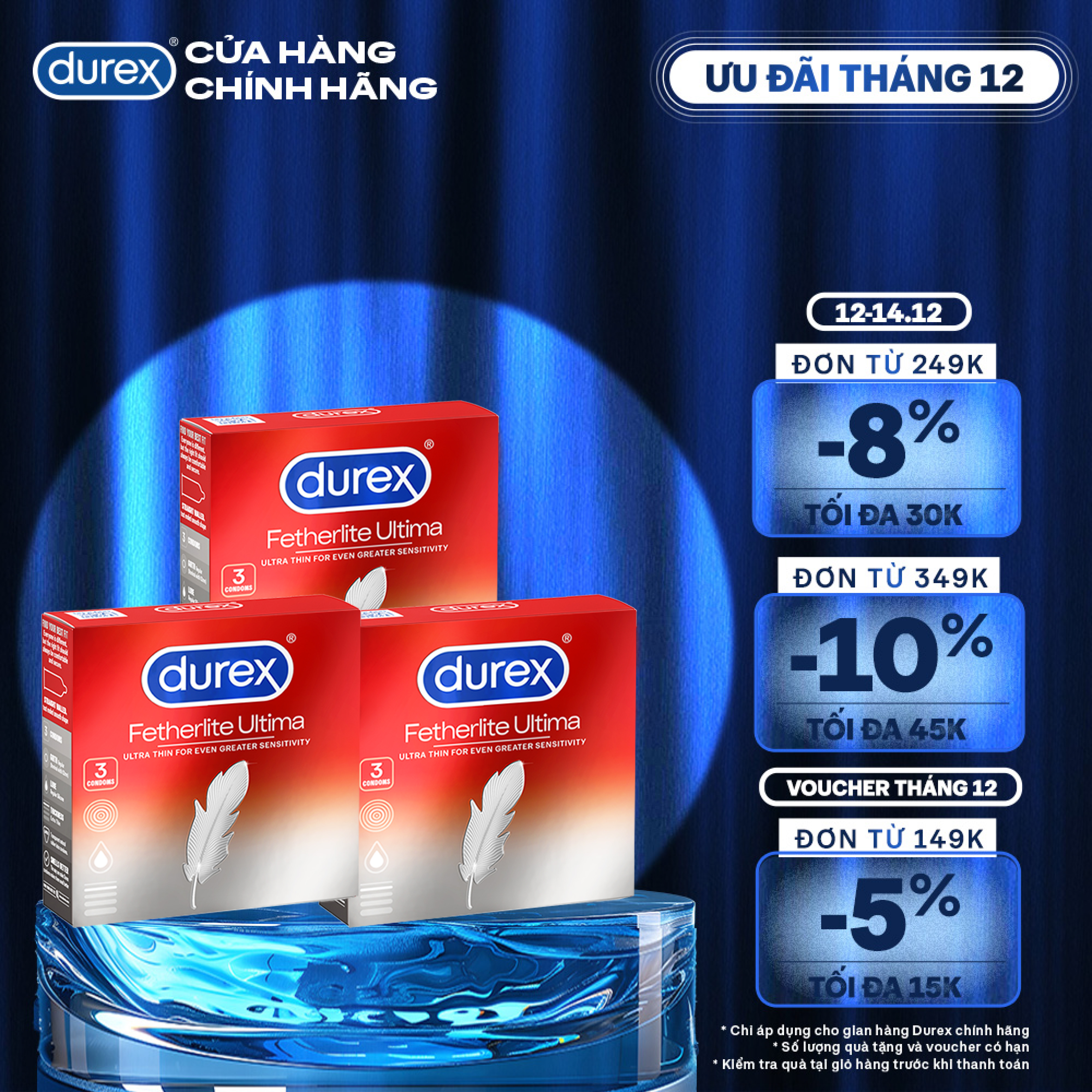 Bộ 3 hộp bao cao su Durex Fetherlite Ultima siêu mỏng, size 52 mm, 3 bao/hộp