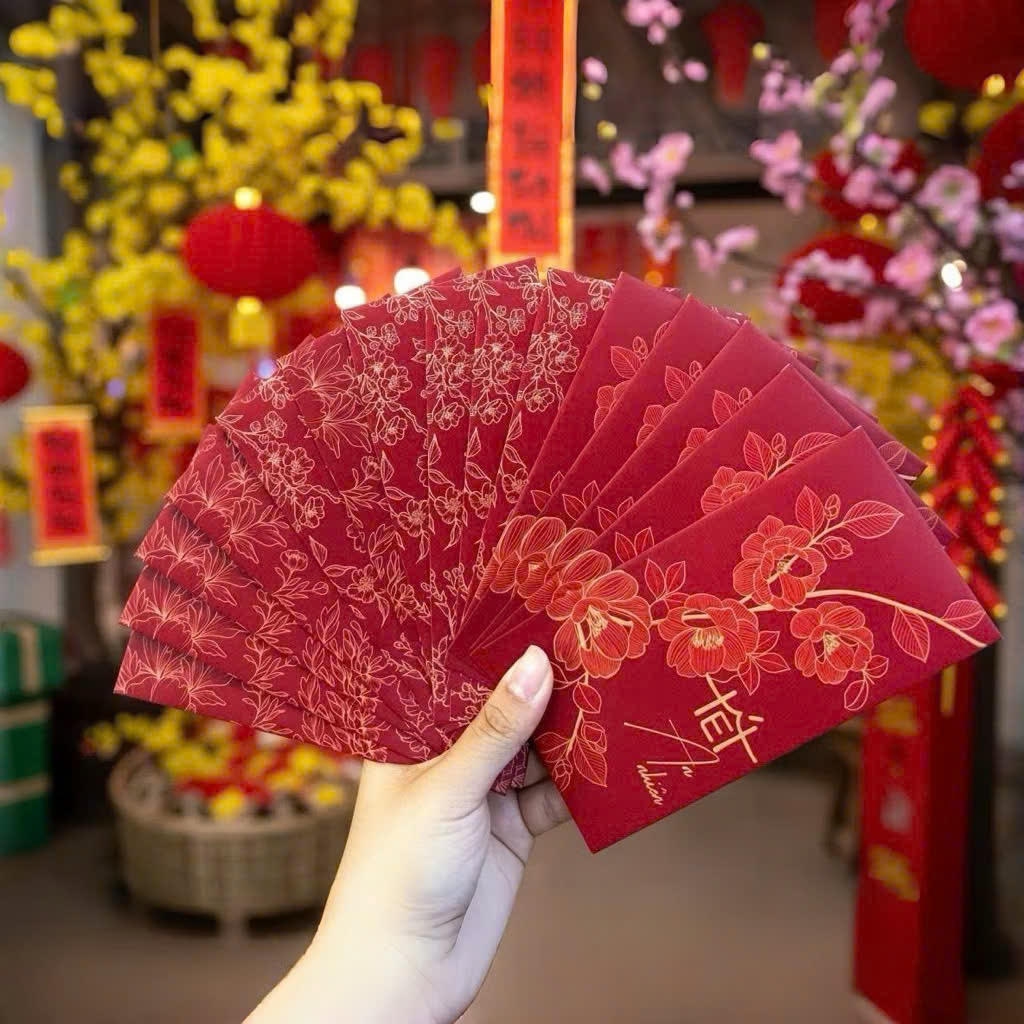 Bao Lì Xì Chữ Tết Họa Tiết Gấm Hoa Đỏ May Mắn 2026