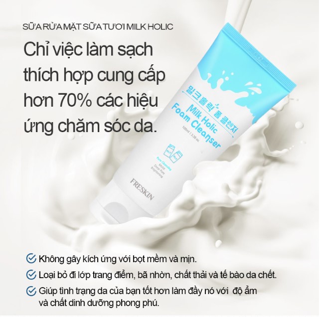 Sữa Rửa Mặt Men Sữa Sạch Freskin, Thanh Tẩy và Tái Tạo Da Mới, Dưỡng Trắng Mịn Da - Milk Holic Foam Cleanser FRESKIN (100ml)