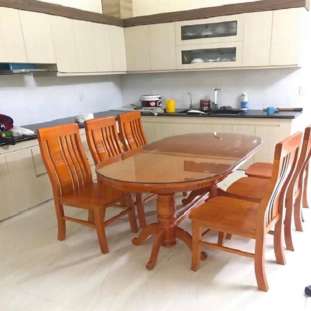 Bộ Bàn Ăn Oval Gỗ Sồi Nga Phun Màu Xoan Đào