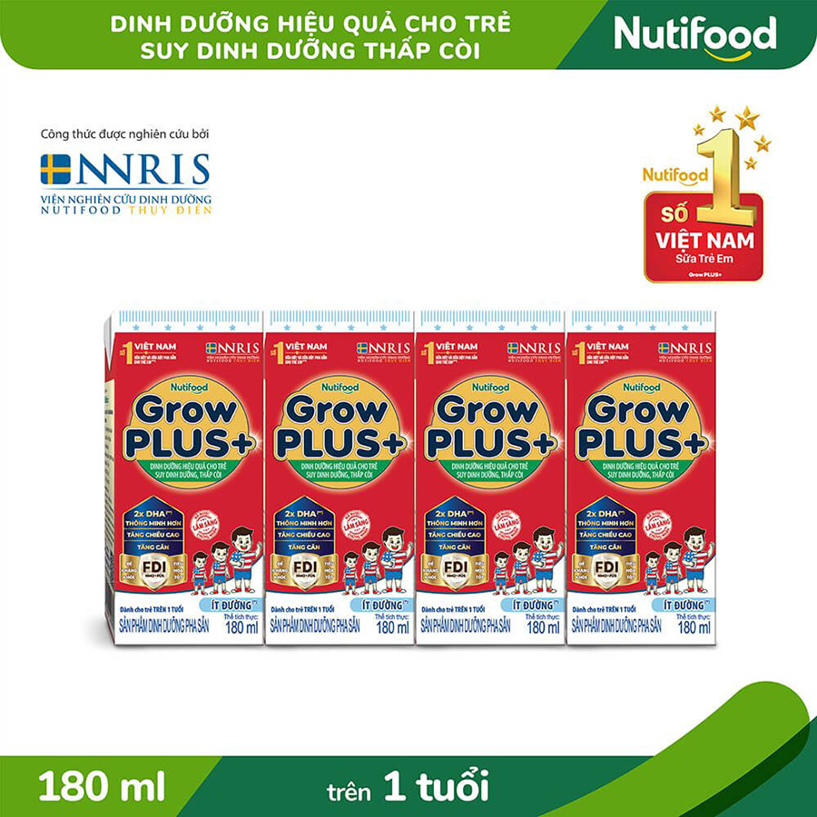 Thùng Sữa Bột Pha Sẵn Nutifood GrowPLUS+ ít đường Suy Dinh Dưỡng - Trên 1 Tuổi - Tăng Cân, Tăng Chiều Cao (48 Hộp x 180ml)