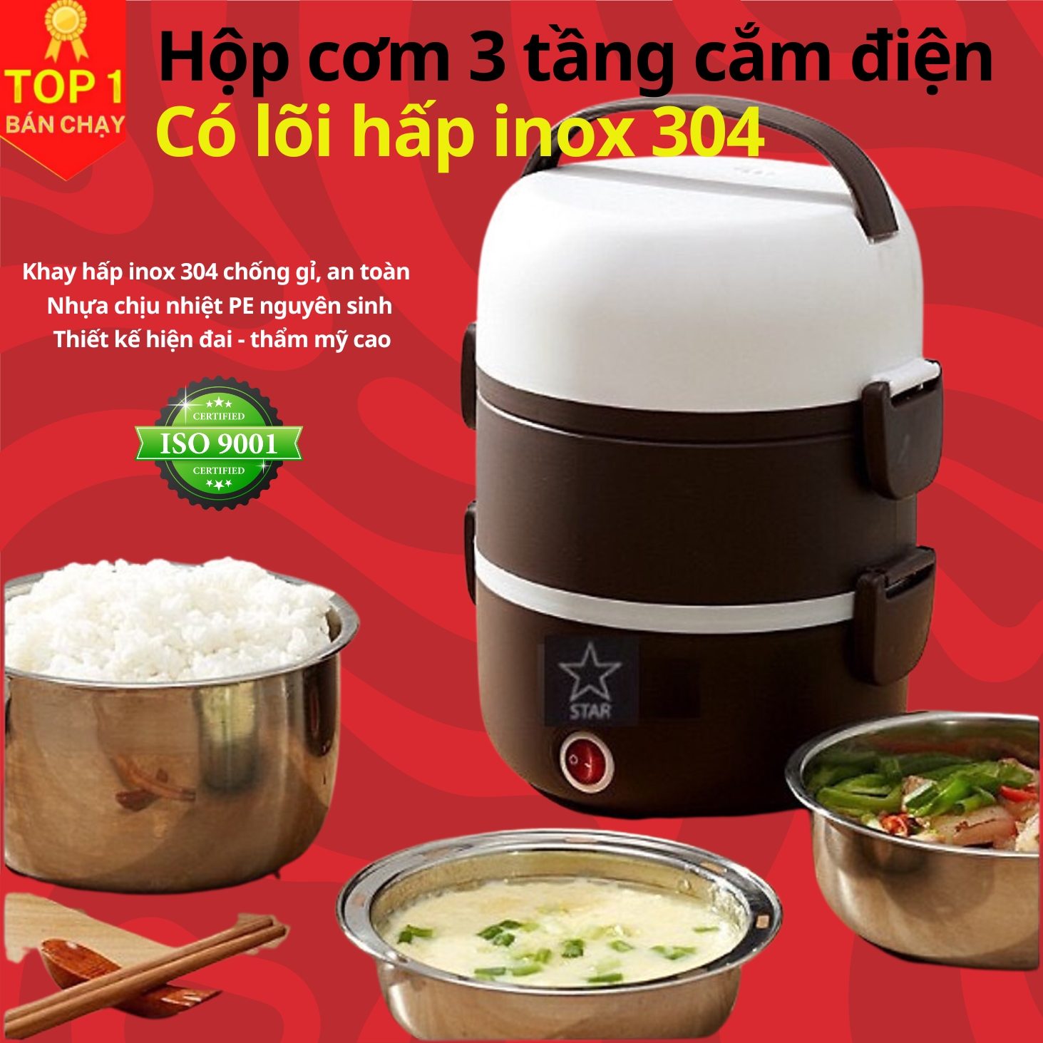 Hộp cơm giữ nhiệt văn phòng cao cấp Inox 3 tầng - Bộ hộp cơm cắm điện có chức năng hâm nóng và giữ nhiệt - Hàng chính hãng D Danido