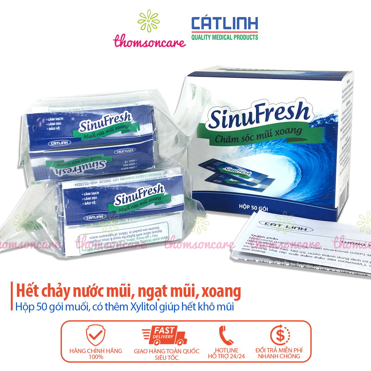 Muối biển rửa mũi Sinufresh của Cát Linh - Hộp 50 gói - Giảm khô, đau, hết ngạt, chảy nước mũiii, xoang