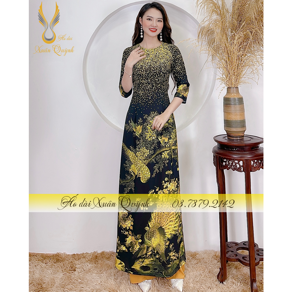 Áo Dài Phượng Hoàng Phối Chấm Bi Sang Trọng, Quý Phái Lụa Habutai Cao Cấp Mã K200 Đen