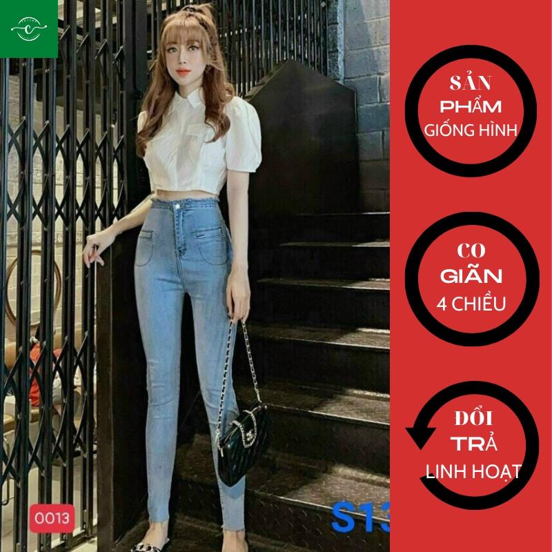 Quần Jean Co Giãn Lưng Cao, Quần Dài Nữ Dáng Ôm Trơn Cuốn Lai Quần Bò Nữ VoZoDo 0013