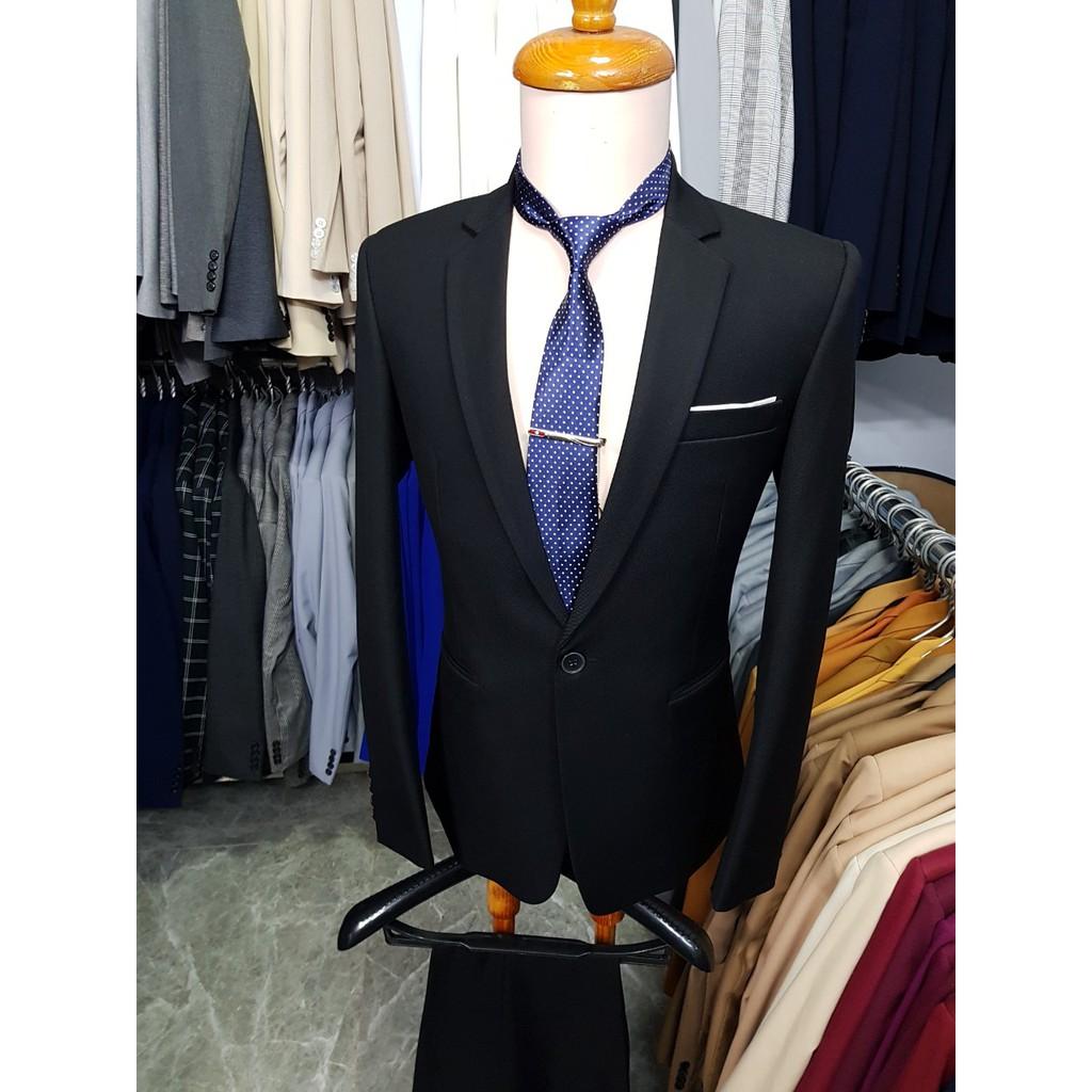 Bộ vest nam màu đen form ôm chất liệu vải bố cực dày mịn