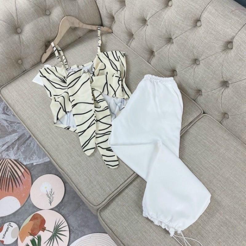 Set áo yếm lụa cột nơ sau kèm quần jogger chất lụa kèm cotton mịn-N