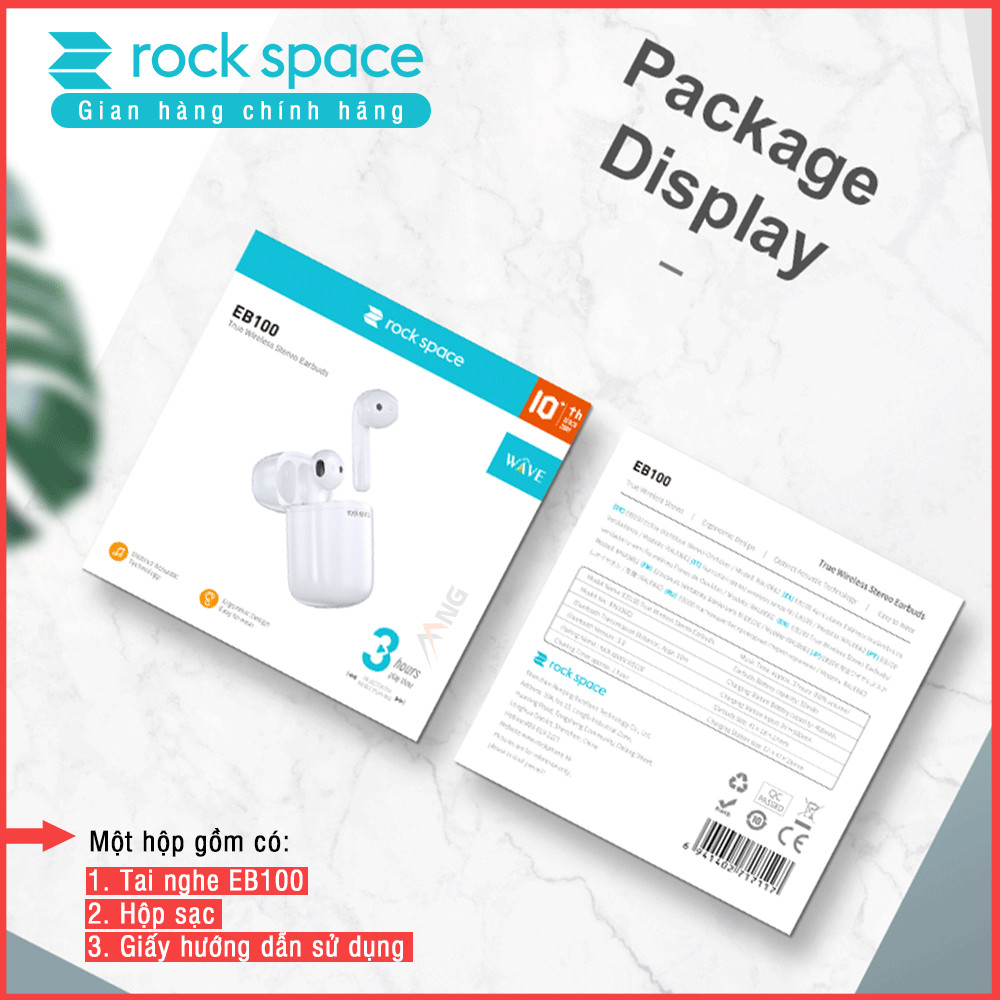 Tai Nghe Nhét tai Không Dây Bluetooth True Wireless Rockspace EB100 - Màu Trắng - Có hộp đựng là sạc tích điện - Hàng Chính Hãng