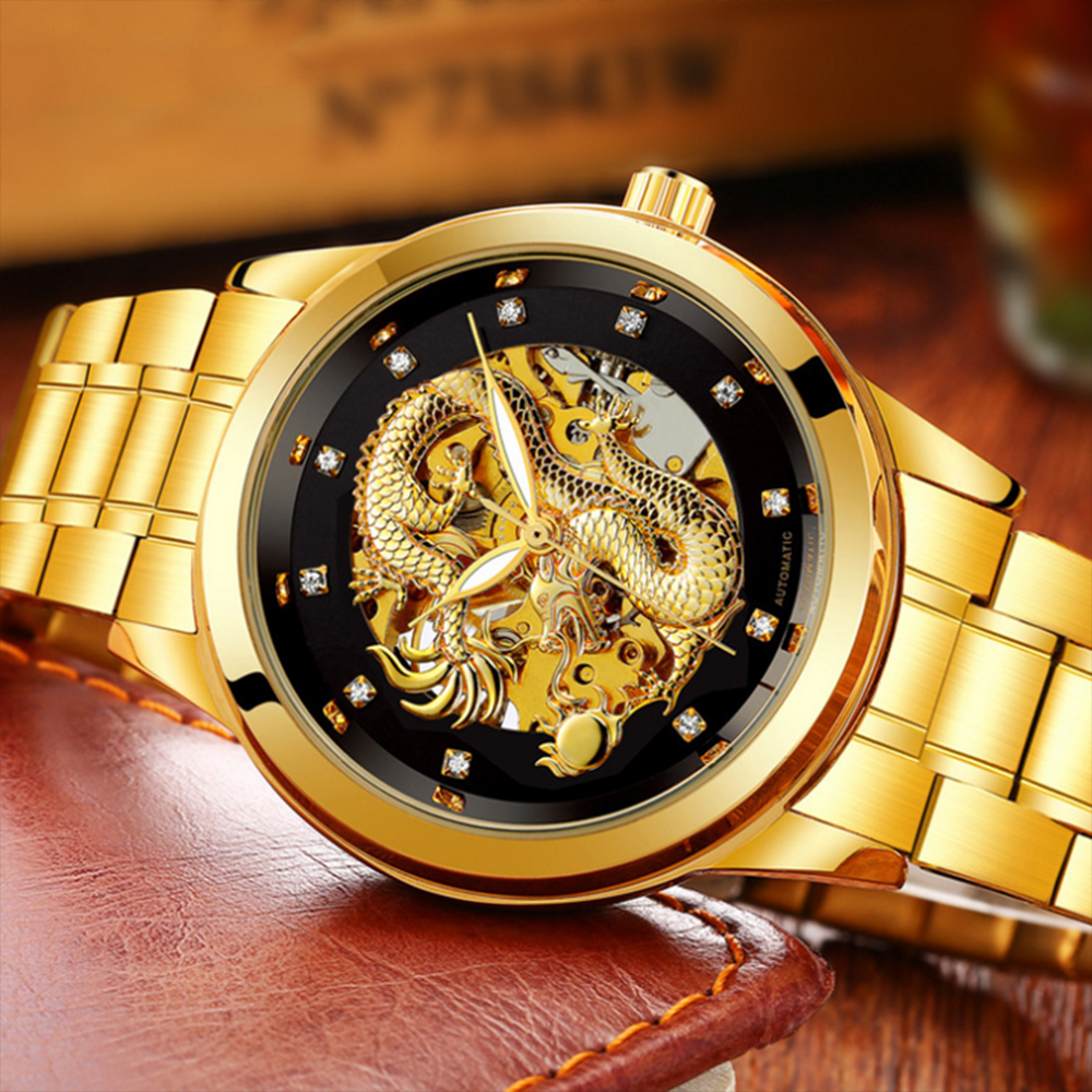 Đồng Hồ Nam Cơ Lộ Máy Chạm Rồng 3D Đẳng Cấp Thời Thượng Sử Dụng Thép Không Gỉ Cao Cấp 904L Mặt Đá Cao Cấp Giả Kim Cương Chống Nước Tuyệt Vời Đường Kính 38,5mm