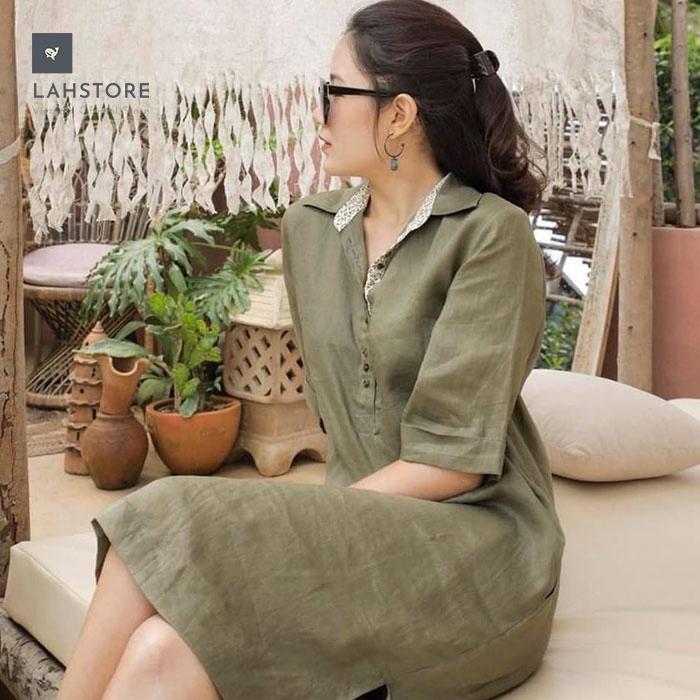 Đầm suông linen cổ đức tay lỡ túi sườn trẻ trung LAHSTORE